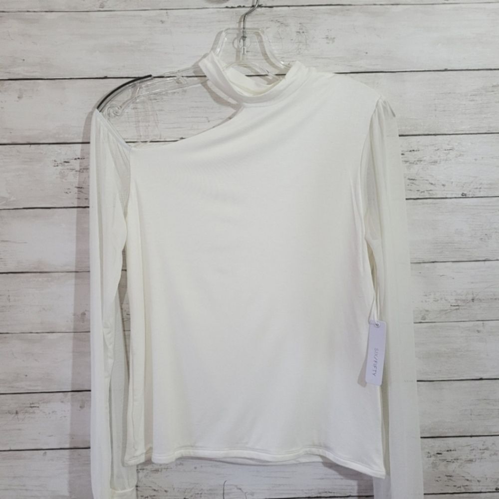 Women’s Small One Shoulder Fitted Top Sexy Sheer Chiffon Sleeve Blouse NWT - Picture 4 of 14